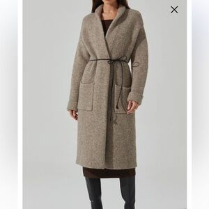 Astr Open-Front Long Cardigan with Leather String Belt